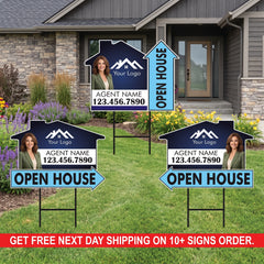 10 Pack Custom Open House Arrow Yard Sign 18" x 24", 2 Sided Add Your Text, Logo, Photo Personalized Directional Signs with Metal H-Stake