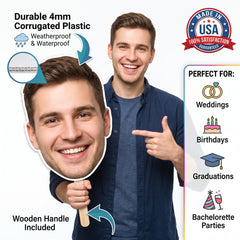 Custom Big Head Cutout Fans with Wooden Handle – Personalized Large Face on a Stick for Weddings, Graduation & Events