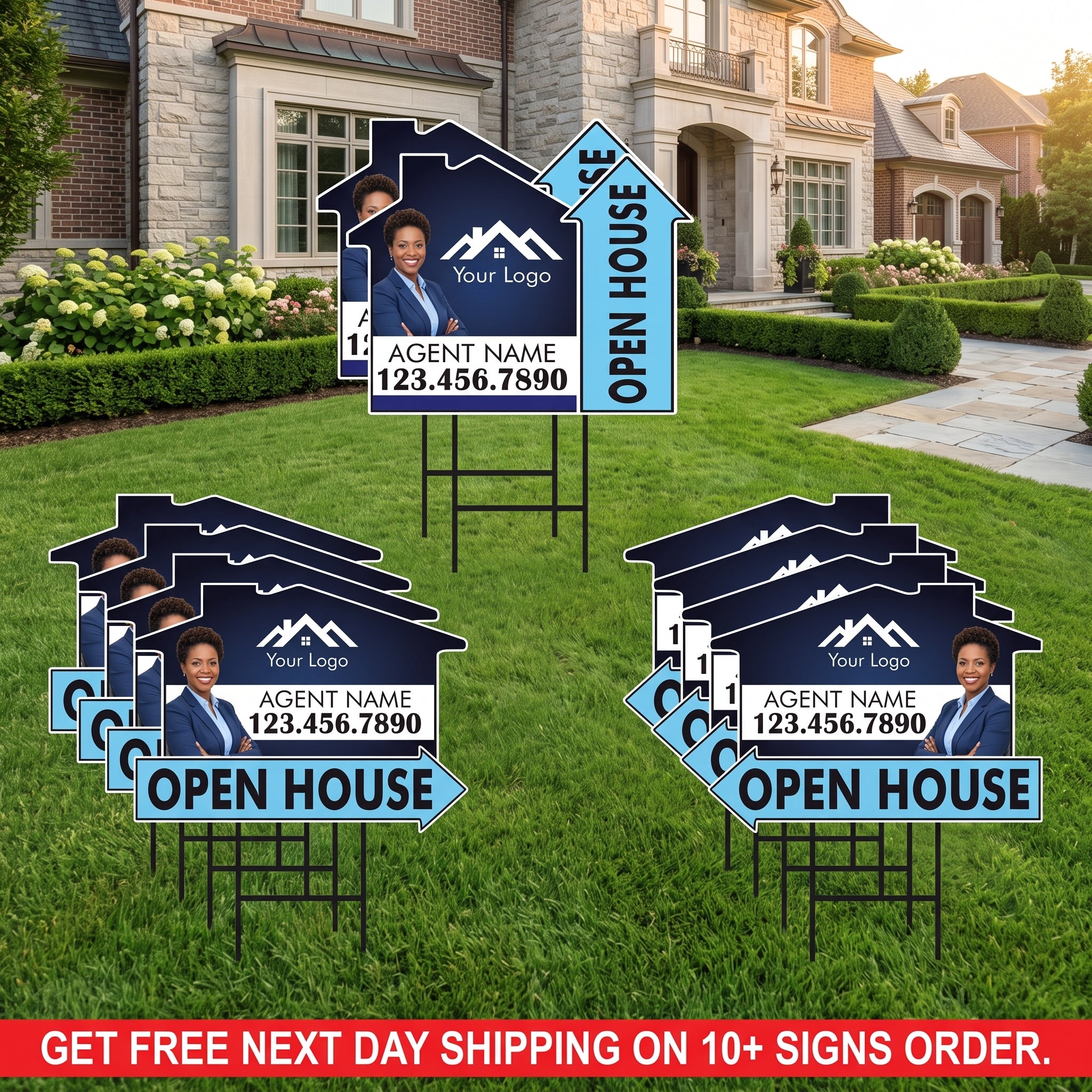 10 Pack Custom Open House Arrow Yard Sign 18" x 24", 2 Sided Add Your Text, Logo, Photo Personalized Directional Signs with Metal H-Stake