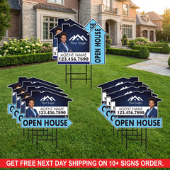 10 Pack Custom Open House Arrow Yard Sign 18" x 24", 2 Sided Add Your Text, Logo, Photo Personalized Directional Signs with Metal H-Stake
