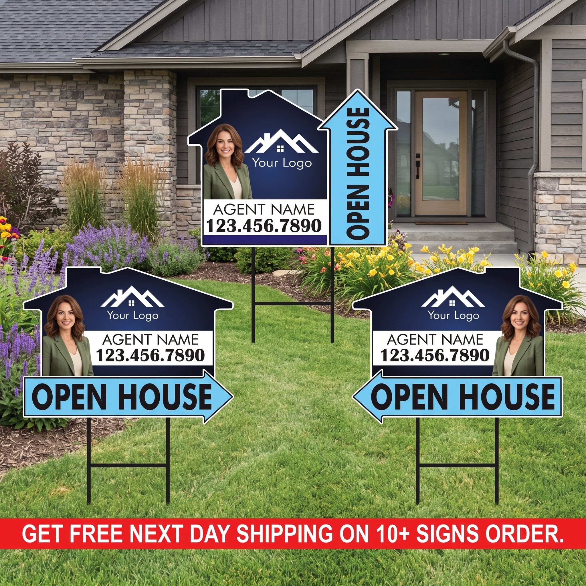 10 Pack Custom Open House Arrow Yard Sign 18" x 24", 2 Sided Add Your Text, Logo, Photo Personalized Directional Signs with Metal H-Stake