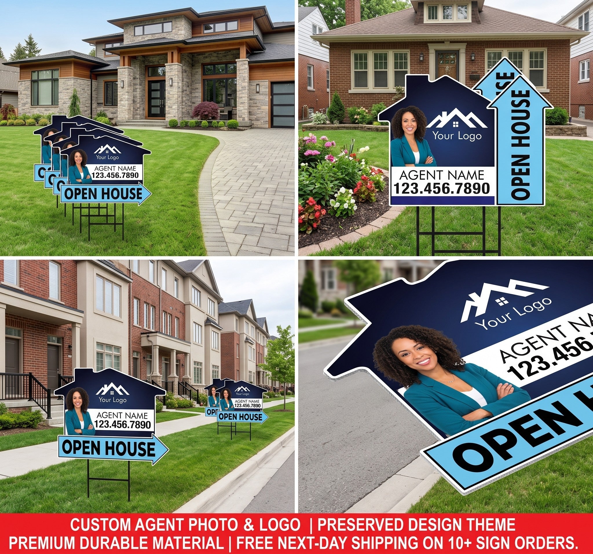 10 Pack Custom Open House Arrow Yard Sign 18" x 24", 2 Sided Add Your Text, Logo, Photo Personalized Directional Signs with Metal H-Stake
