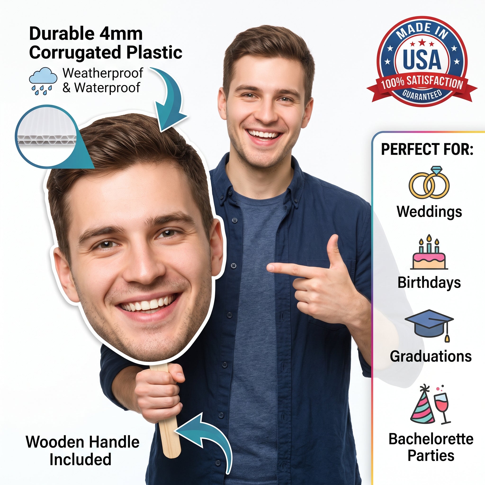 Custom Big Head Cutout Fans with Wooden Handle – Personalized Large Face on a Stick for Weddings, Graduation & Events