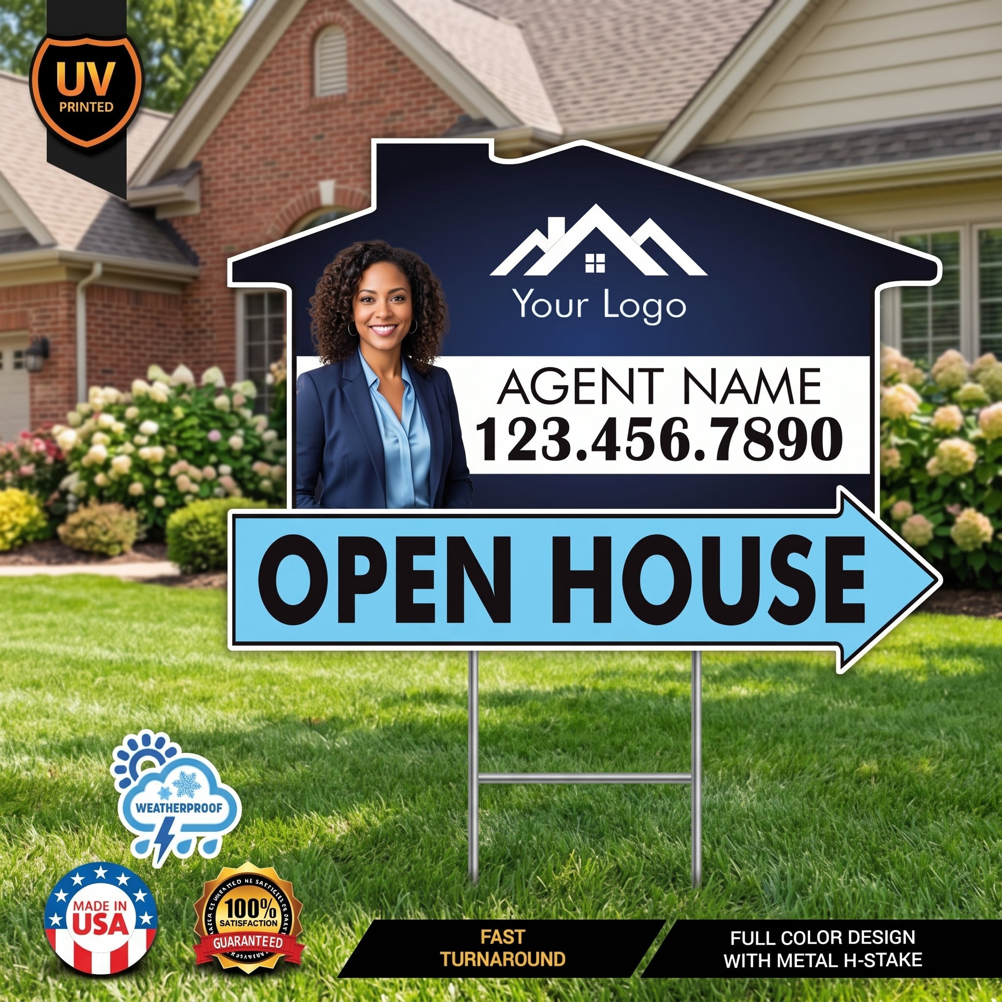 10 Pack Custom Open House Arrow Yard Sign 18" x 24", 2 Sided Add Your Text, Logo, Photo Personalized Directional Signs with Metal H-Stake