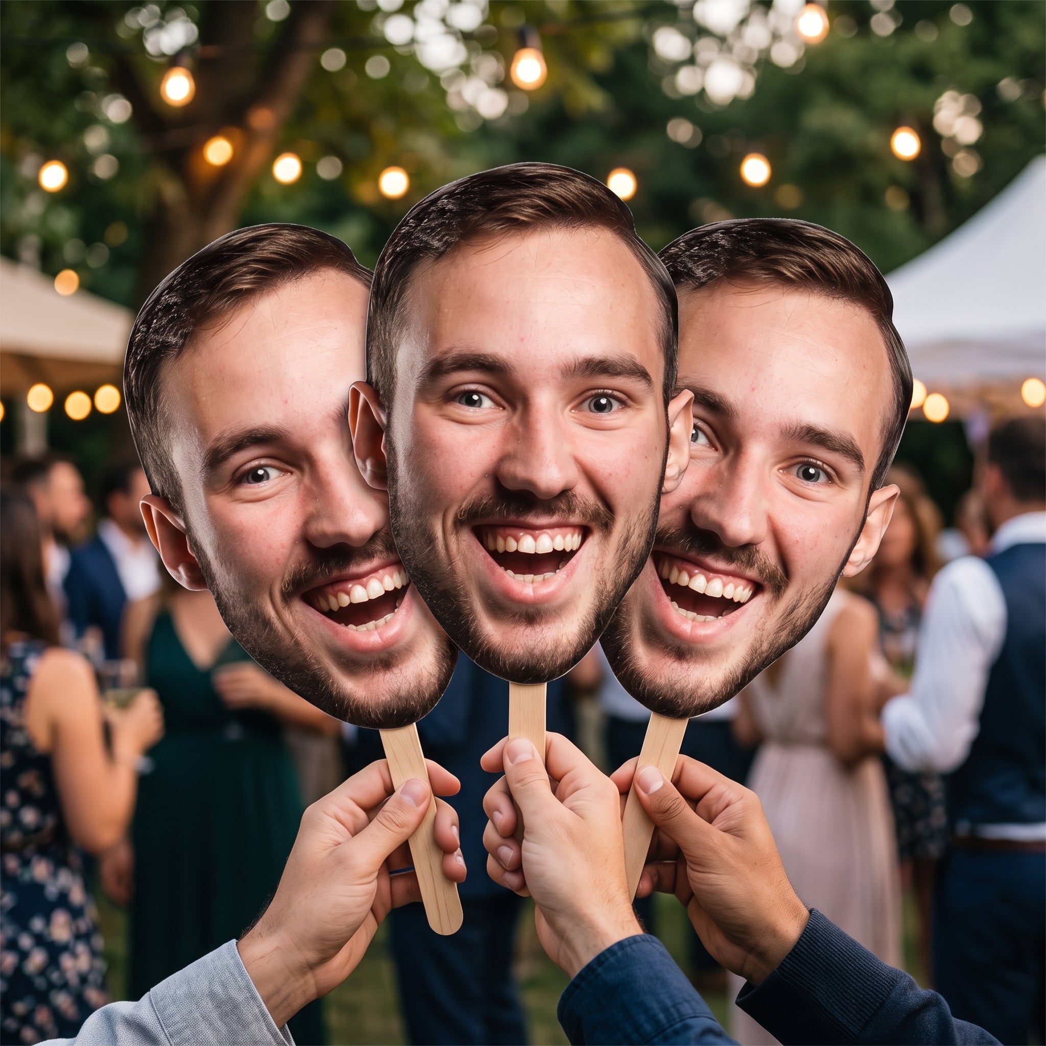 Custom Big Head Cutout Fans with Wooden Handle – Personalized Large Face on a Stick for Weddings & Events