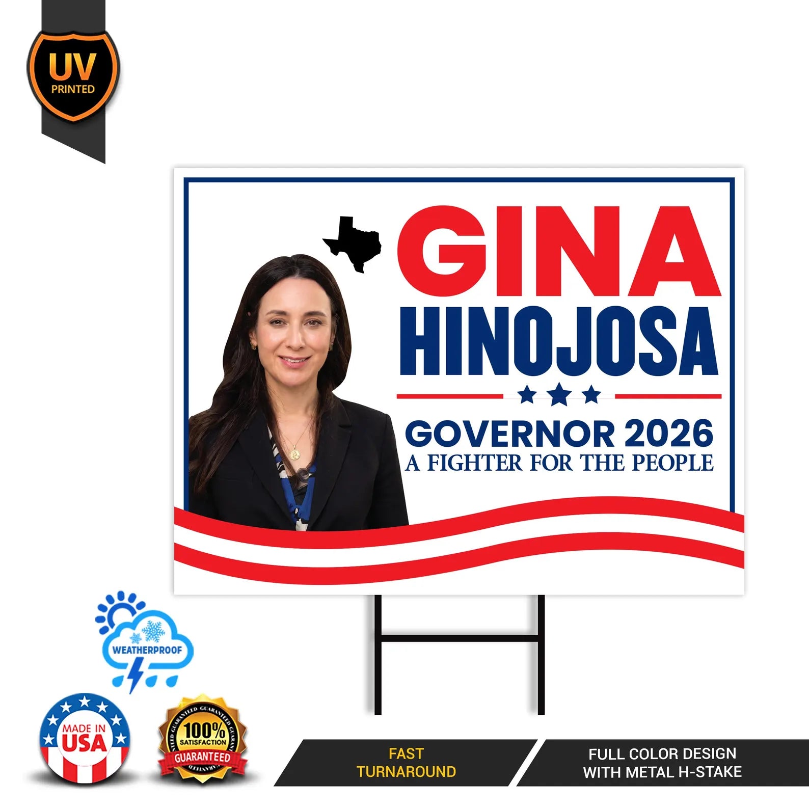 Gina Hinojosa For Texas Governor 2026 Yard Sign, Corrugated Plastic Governor Elections Race Red White & Blue Yard Sign with Metal H-Stake