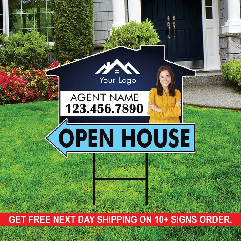 10 Pack Custom Open House Arrow Yard Sign 18" x 24", 2 Sided Add Your Text, Logo, Photo Personalized Directional Signs with Metal H-Stake