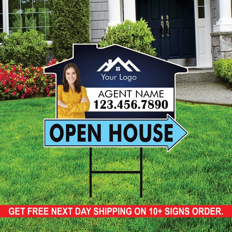 10 Pack Custom Open House Arrow Yard Sign 18" x 24", 2 Sided Add Your Text, Logo, Photo Personalized Directional Signs with Metal H-Stake